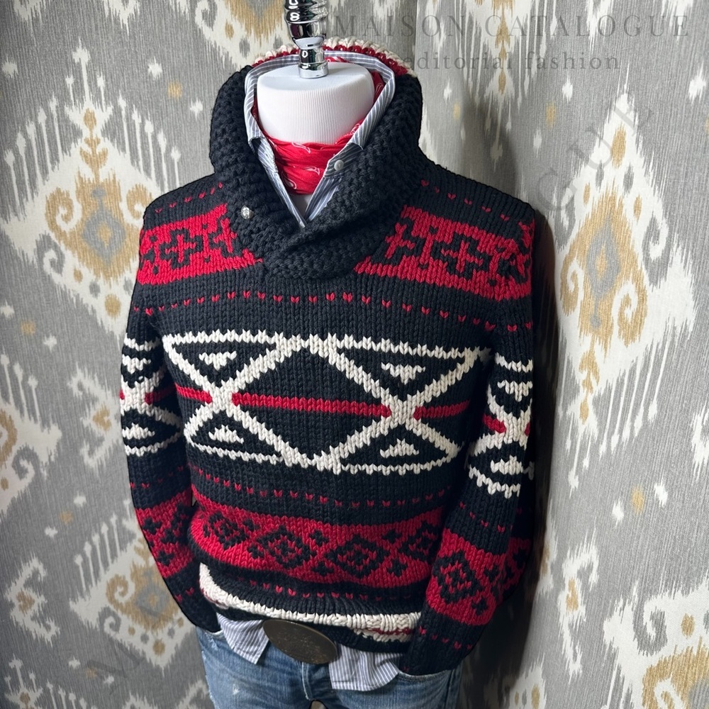 Polo Ralph Lauren Southwestern Aztec Hand-Knit Black Wool Shawl Collar Sweater - Picture 3 of 16
